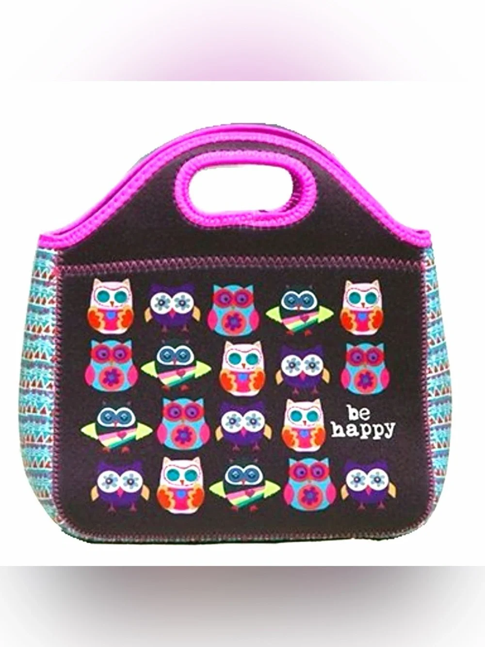 Kids Owl Print Neoprene Lunch Bag - Black with Pink Trim